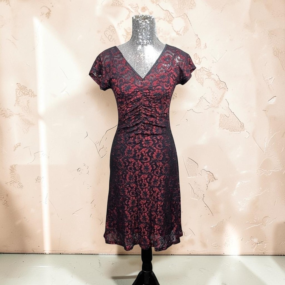 Vintage Y2K Whimsigoth Lace Ruched Bodycon Midi Dress Evening Party Holiday XS